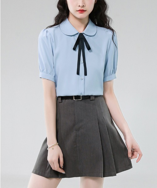 LUCPY(ラクピー)の「リボンタイ付きラウンドカラーブラウス(シャツ/ブラウス・レディース・ブルー/ホワイト・X-LARGE/LARGE/MEDIUM/SMALL)」の2枚目の写真