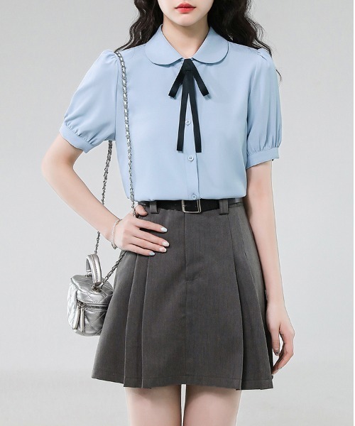 LUCPY(ラクピー)の「リボンタイ付きラウンドカラーブラウス(シャツ/ブラウス・レディース・ブルー/ホワイト・X-LARGE/LARGE/MEDIUM/SMALL)」の4枚目の写真