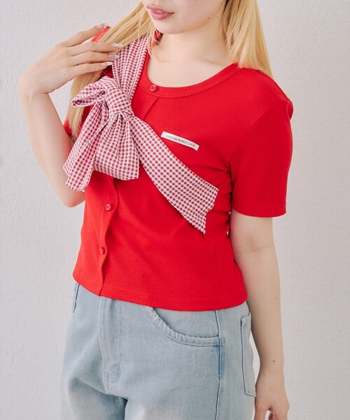 continuer de NICE CLAUP(コンティニューデナイスクラップ)の「たすき掛け風、ビッグリボンテレコプルオーバー(Tシャツ/カットソー・レディース・レッド/オフホワイト/ネイビー/ブラック・FREE)」の5枚目の写真