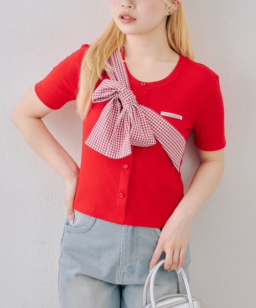 continuer de NICE CLAUP(コンティニューデナイスクラップ)の「たすき掛け風、ビッグリボンテレコプルオーバー(Tシャツ/カットソー・レディース・レッド/オフホワイト/ネイビー/ブラック・FREE)」の6枚目の写真