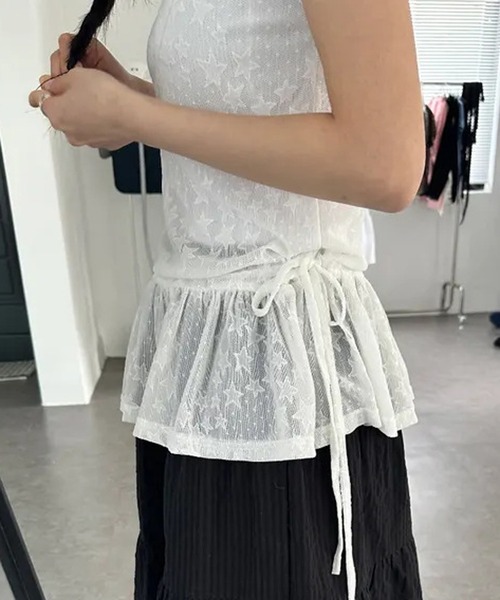 HALEY PESCA(ヘーリーペスカ)の「HALEY PESCA/スター柄シアーフリルTシャツ(Tシャツ/カットソー・レディース・ホワイト/ブラック・FREE)」の3枚目の写真