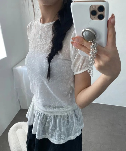 HALEY PESCA(ヘーリーペスカ)の「HALEY PESCA/スター柄シアーフリルTシャツ(Tシャツ/カットソー・レディース・ホワイト/ブラック・FREE)」の4枚目の写真