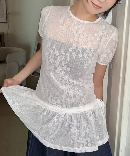 HALEY PESCA(ヘーリーペスカ)の「HALEY PESCA/スター柄シアーフリルTシャツ(Tシャツ/カットソー・レディース・ホワイト/ブラック・FREE)」の7枚目の写真