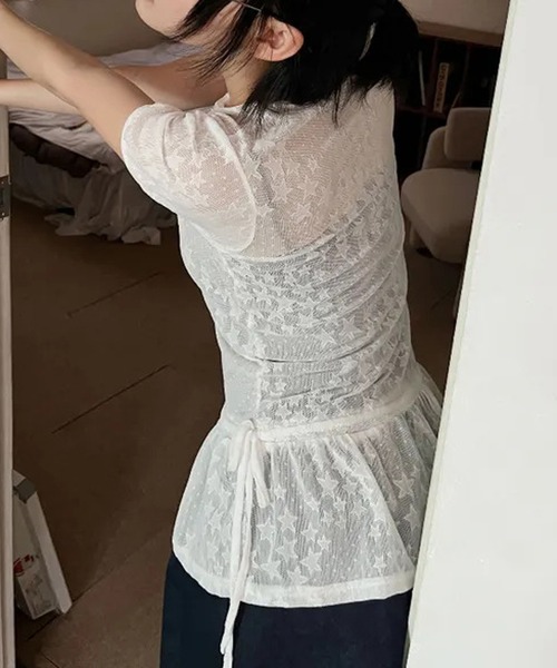 HALEY PESCA(ヘーリーペスカ)の「HALEY PESCA/スター柄シアーフリルTシャツ(Tシャツ/カットソー・レディース・ホワイト/ブラック・FREE)」の8枚目の写真