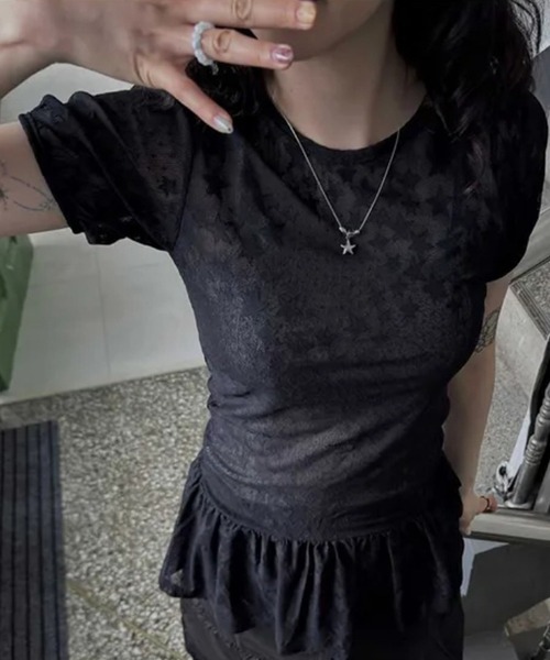 HALEY PESCA(ヘーリーペスカ)の「HALEY PESCA/スター柄シアーフリルTシャツ(Tシャツ/カットソー・レディース・ホワイト/ブラック・FREE)」の15枚目の写真