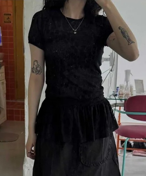 HALEY PESCA(ヘーリーペスカ)の「HALEY PESCA/スター柄シアーフリルTシャツ(Tシャツ/カットソー・レディース・ホワイト/ブラック・FREE)」の18枚目の写真