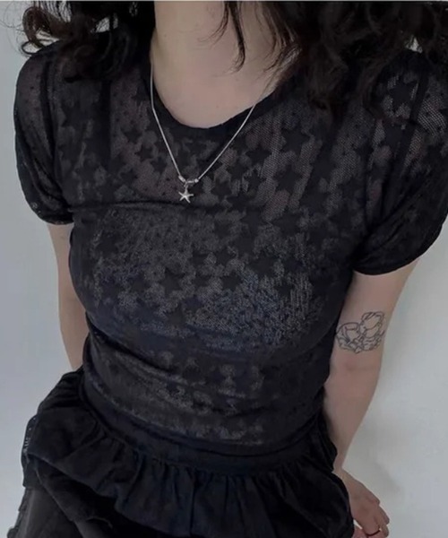 HALEY PESCA(ヘーリーペスカ)の「HALEY PESCA/スター柄シアーフリルTシャツ(Tシャツ/カットソー・レディース・ホワイト/ブラック・FREE)」の19枚目の写真