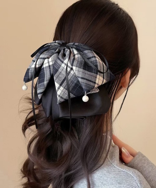 Miniministore(ミニミニストア)の「チェック柄 リボン バンスクリップ大きめ(バレッタ/ヘアクリップ・レディース・ライトブルー/ネイビー・FREE)」の4枚目の写真
