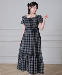 スクエアネック チェック柄 パフ袖 ロング ワンピース