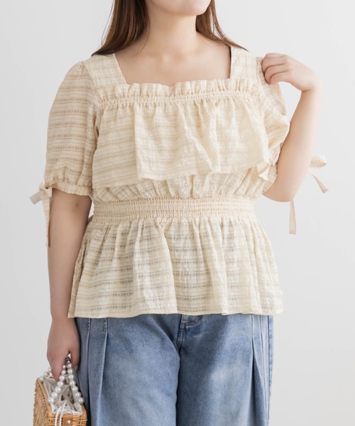 CLETTE(クレット)の「CLETTEオリジナル袖リボンチェックペプラムブラウス(シャツ/ブラウス・レディース・アイボリー/グリーン/チャコールグレー・4L/3L/LL)」の1枚目の写真