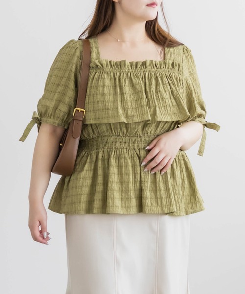 CLETTE(クレット)の「CLETTEオリジナル袖リボンチェックペプラムブラウス(シャツ/ブラウス・レディース・アイボリー/グリーン/チャコールグレー・4L/3L/LL)」の13枚目の写真