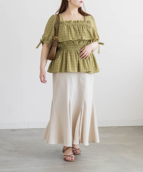 CLETTE(クレット)の「CLETTEオリジナル袖リボンチェックペプラムブラウス(シャツ/ブラウス・レディース・アイボリー/グリーン/チャコールグレー・4L/3L/LL)」の14枚目の写真