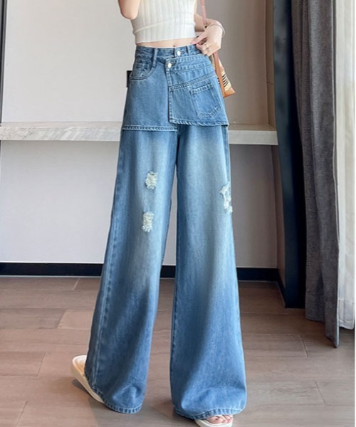 &soiree(アンドソワレ)の「ラップスカートデザインダメージ入りデニムワイドパンツ(デニムパンツ・レディース・ブルー・LARGE/X-LARGE/X-SMALL/SMALL/MEDIUM)」の1枚目の写真