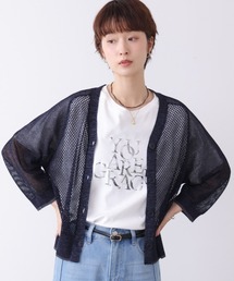 配色大小メッシュアミニットカーディガン