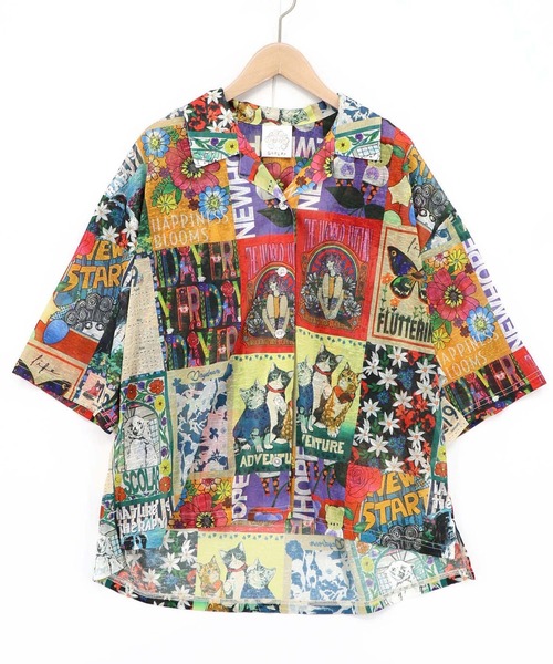 ScoLar(スカラー)の「ScoLar(スカラー) ポスターコラージュ柄or花ネコ柄シャツ(シャツ/ブラウス・レディース・ブラック/アイボリー・MEDIUM)」の9枚目の写真