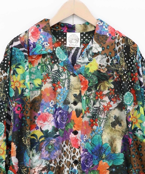 ScoLar(スカラー)の「ScoLar(スカラー) ポスターコラージュ柄or花ネコ柄シャツ(シャツ/ブラウス・レディース・ブラック/アイボリー・MEDIUM)」の18枚目の写真