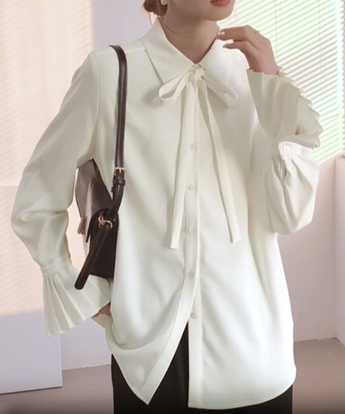 MILAE(ミレ)の「リボンタイ長袖ブラウス(シャツ/ブラウス・レディース・ホワイト/ブルー・L/M/S)」の5枚目の写真