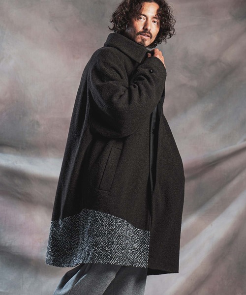 ANGENEHM（アンゲネーム）の「mj11786-Wool Sliver × Shaggy Panel Soutien Collar Coat ステンカラーコート(AG07-013acg)（ステンカラーコート・メンズ・ブラウン/チャコール/ブラック・S/M/L）」の2枚目の写真