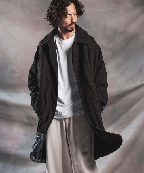 ANGENEHM（アンゲネーム）の「mj11786-Wool Sliver × Shaggy Panel Soutien Collar Coat ステンカラーコート(AG07-013acg)（ステンカラーコート・メンズ・ブラウン/チャコール/ブラック・S/M/L）」の4枚目の写真