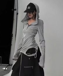 フードダメージサイドカット紐付きフード細身ロングスリーブトップス