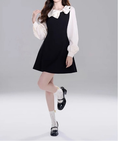 &soiree(アンドソワレ)の「リボンカラー配色ドッキングワンピース(ワンピース・レディース・ブラック・SMALL/MEDIUM/LARGE/X-LARGE)」の2枚目の写真