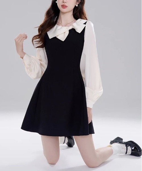 &soiree(アンドソワレ)の「リボンカラー配色ドッキングワンピース(ワンピース・レディース・ブラック・SMALL/MEDIUM/LARGE/X-LARGE)」の5枚目の写真