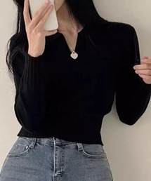 襟付き クロップドニットトップス