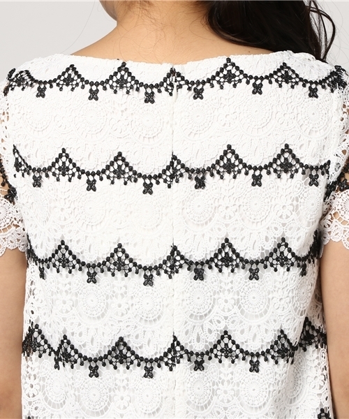 マーキュリーデュオスカラップ刺繍ドットブラウジングワンピースブラックホワイト黒白 残りわずか】オヨメ 背開き刺繍ワンピース(FREE ブラック