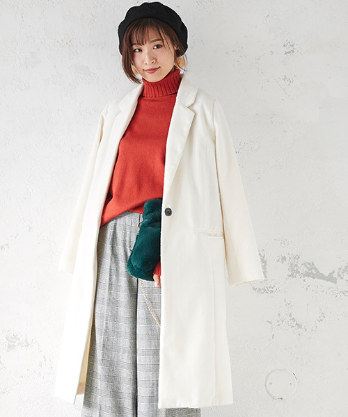 Pierrot（ピエロ）の「ウールタッチロング チェスターコート（ダウンジャケット/コート・レディース・オフホワイト/ブラック/グレー/キャメル/ラベンダー/チェック/ブルー系その他/ライトベージュ・L/M）」の2枚目の写真