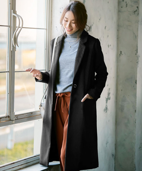 Pierrot（ピエロ）の「ウールタッチロング チェスターコート（ダウンジャケット/コート・レディース・オフホワイト/ブラック/グレー/キャメル/ラベンダー/チェック/ブルー系その他/ライトベージュ・L/M）」の3枚目の写真