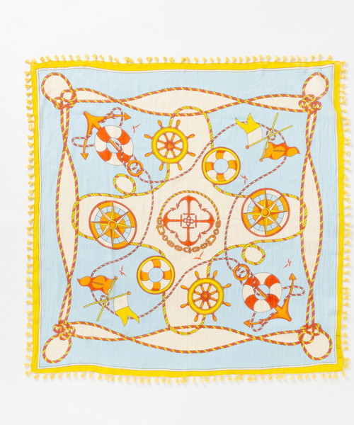 manipuri(マニプリ)の「manipuri: ポンポン付マリン柄スカーフ(マフラー・レディース・ブルー/グリーン・F)」の2枚目の写真