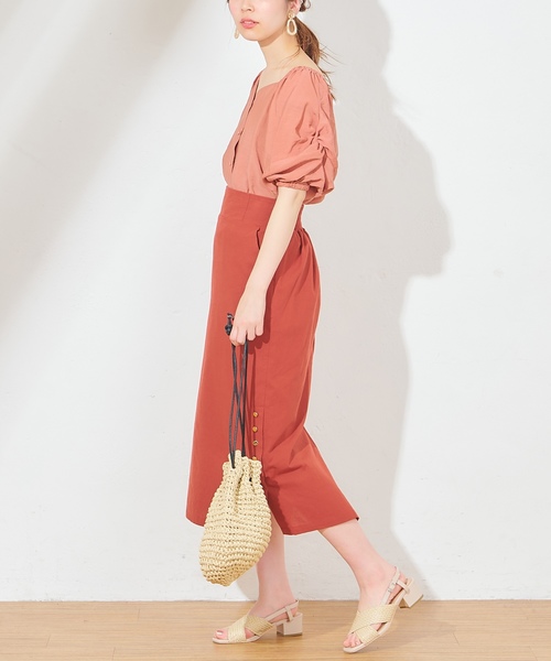 natural couture(ナチュラルクチュール)の「麻ライクサイドスリットスカート(スカート・レディース・オレンジ/ストライプ/ライトベージュ・FREE)」の1枚目の写真