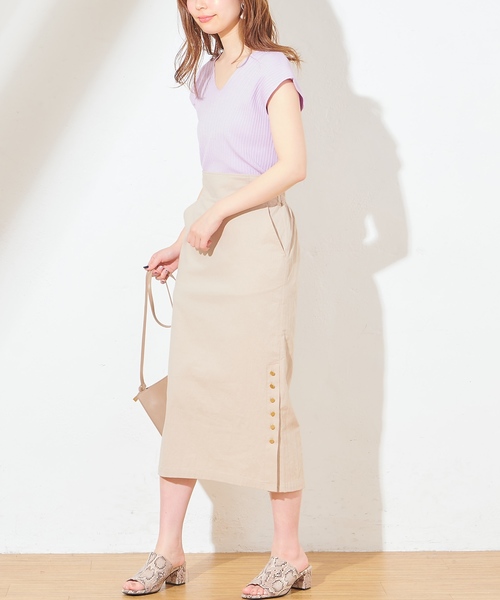 natural couture(ナチュラルクチュール)の「麻ライクサイドスリットスカート(スカート・レディース・オレンジ/ストライプ/ライトベージュ・FREE)」の4枚目の写真