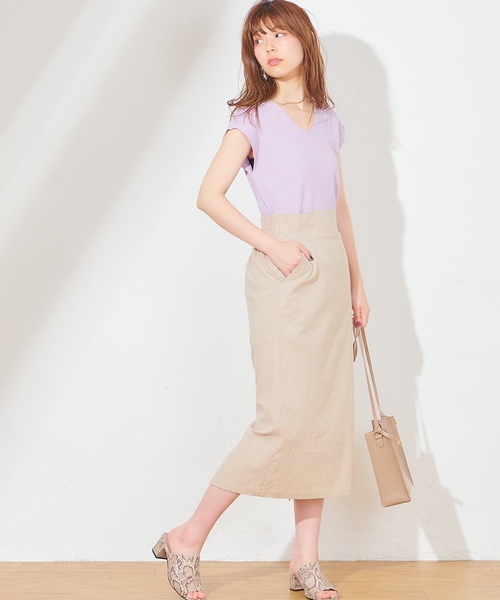 natural couture(ナチュラルクチュール)の「麻ライクサイドスリットスカート(スカート・レディース・オレンジ/ストライプ/ライトベージュ・FREE)」の5枚目の写真