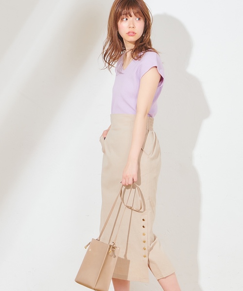 natural couture(ナチュラルクチュール)の「麻ライクサイドスリットスカート(スカート・レディース・オレンジ/ストライプ/ライトベージュ・FREE)」の6枚目の写真