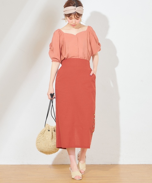 natural couture(ナチュラルクチュール)の「麻ライクサイドスリットスカート(スカート・レディース・オレンジ/ストライプ/ライトベージュ・FREE)」の7枚目の写真