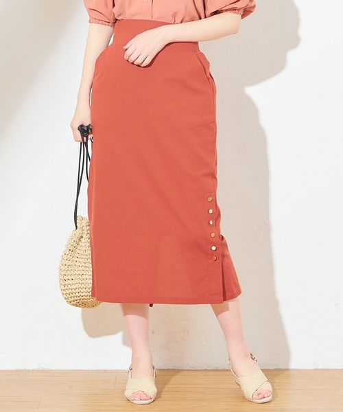 natural couture(ナチュラルクチュール)の「麻ライクサイドスリットスカート(スカート・レディース・オレンジ/ストライプ/ライトベージュ・FREE)」の9枚目の写真