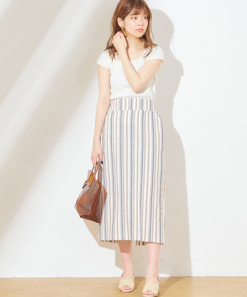 natural couture(ナチュラルクチュール)の「麻ライクサイドスリットスカート(スカート・レディース・オレンジ/ストライプ/ライトベージュ・FREE)」の11枚目の写真