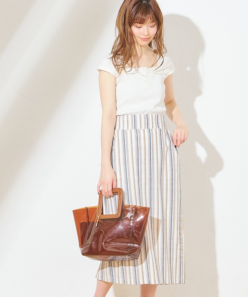 natural couture(ナチュラルクチュール)の「麻ライクサイドスリットスカート(スカート・レディース・オレンジ/ストライプ/ライトベージュ・FREE)」の12枚目の写真