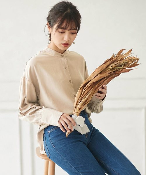 KOBE LETTUCE（コウベレタス）の「バルーン袖バンドカラー丸首シアーシャツブラウス（シャツ/ブラウス・レディース・ブラック/カーキ/ベージュ系その他/ピンク系その他・FREE）」の3枚目の写真