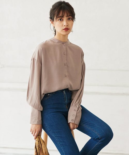KOBE LETTUCE（コウベレタス）の「バルーン袖バンドカラー丸首シアーシャツブラウス（シャツ/ブラウス・レディース・ブラック/カーキ/ベージュ系その他/ピンク系その他・FREE）」の4枚目の写真