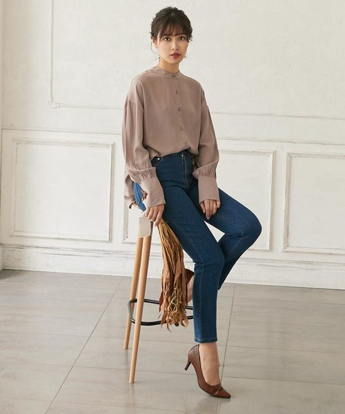 KOBE LETTUCE（コウベレタス）の「バルーン袖バンドカラー丸首シアーシャツブラウス（シャツ/ブラウス・レディース・ブラック/カーキ/ベージュ系その他/ピンク系その他・FREE）」の9枚目の写真