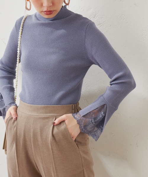 natural couture(ナチュラルクチュール)の「【WEB限定】袖口レースリブタートル(ニット/セーター)」|サックスブルー