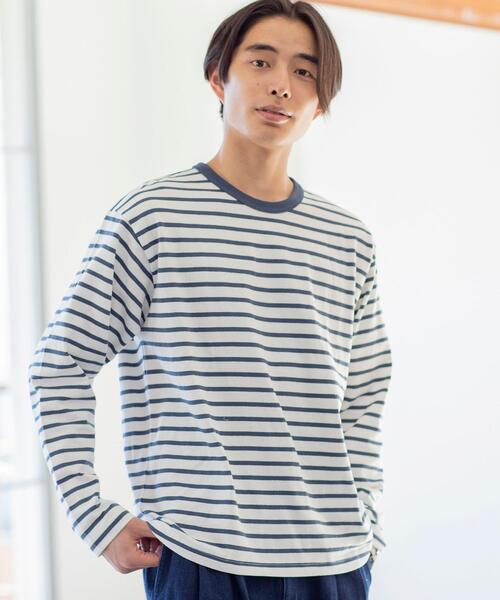 coen（コーエン）の「天竺ボーダーロングスリーブTシャツ（Tシャツ/カットソー・メンズ・オフホワイト/ベージュ・LARGE/X-LARGE/SMALL/MEDIUM）」の3枚目の写真