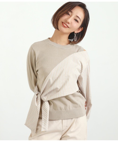 Alluge（アルージュ）の「異素材切替リボンプルオーバー（Tシャツ/カットソー・レディース・グレイッシュベージュ/オフホワイト・FREE）」の2枚目の写真