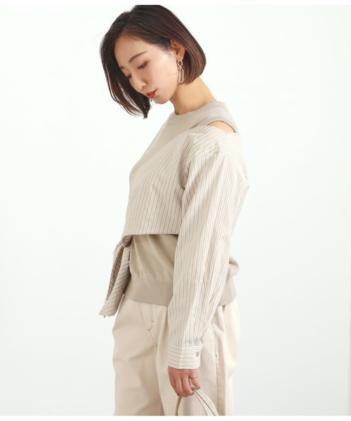 Alluge（アルージュ）の「異素材切替リボンプルオーバー（Tシャツ/カットソー・レディース・グレイッシュベージュ/オフホワイト・FREE）」の12枚目の写真