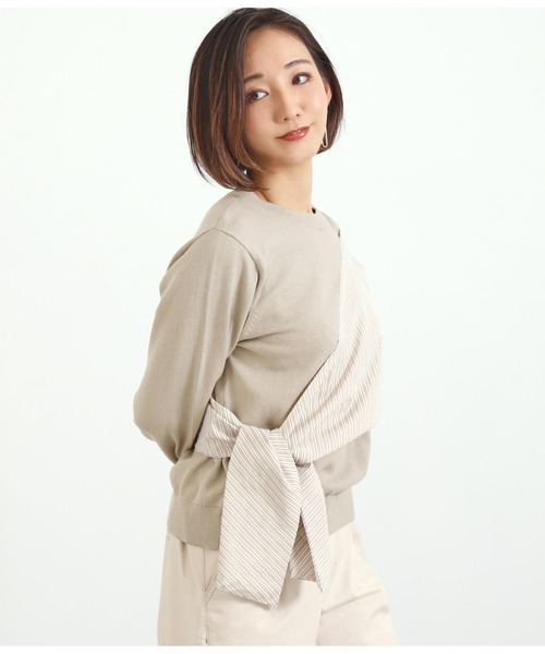 Alluge（アルージュ）の「異素材切替リボンプルオーバー（Tシャツ/カットソー・レディース・グレイッシュベージュ/オフホワイト・FREE）」の13枚目の写真