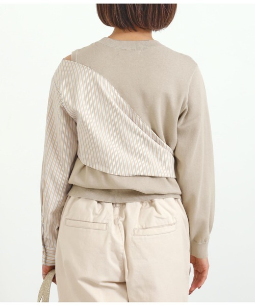 Alluge（アルージュ）の「異素材切替リボンプルオーバー（Tシャツ/カットソー・レディース・グレイッシュベージュ/オフホワイト・FREE）」の4枚目の写真