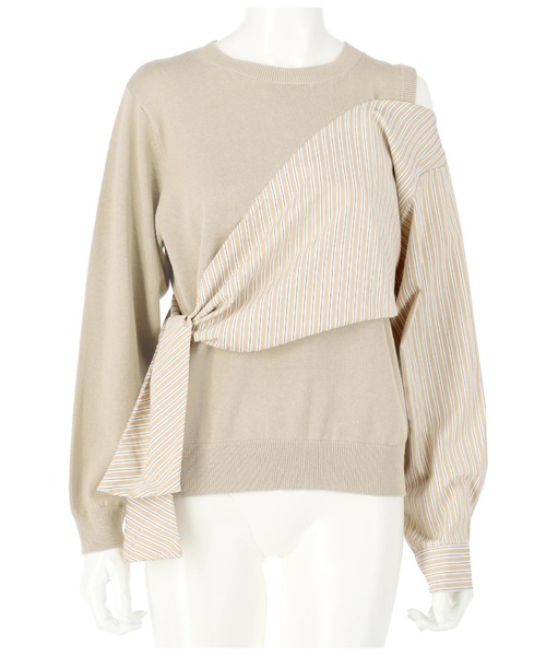 Alluge（アルージュ）の「異素材切替リボンプルオーバー（Tシャツ/カットソー・レディース・グレイッシュベージュ/オフホワイト・FREE）」の7枚目の写真