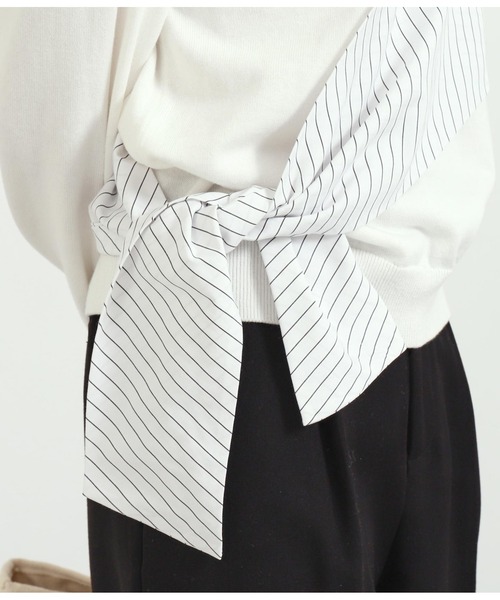 Alluge（アルージュ）の「異素材切替リボンプルオーバー（Tシャツ/カットソー・レディース・グレイッシュベージュ/オフホワイト・FREE）」の5枚目の写真